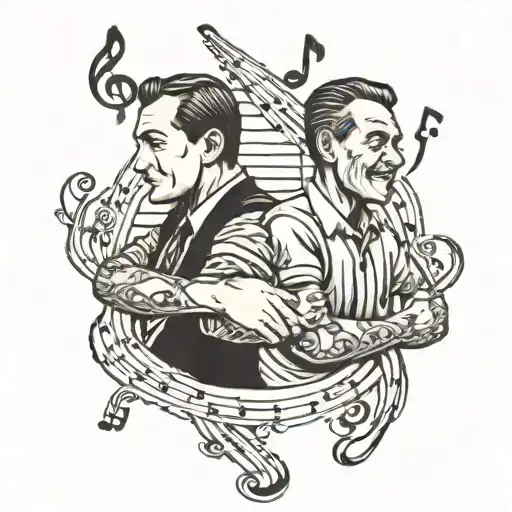 A Traditional Style Tattoo Of A Father And Son Holding Hands With Music Notes In The Background