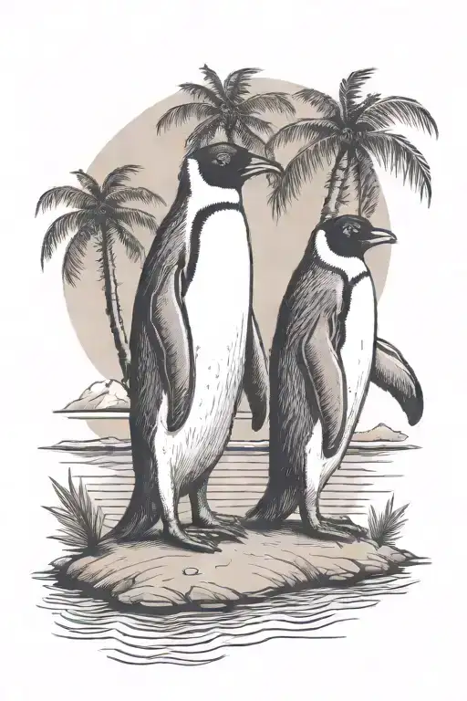 2 Small Penguins On A Beach Holding Hands Under A Tall Palm Tree