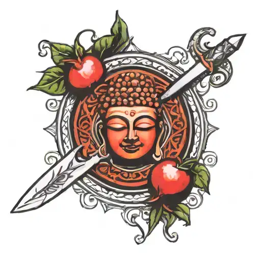 Dharma Chakra Buddha Pomegranate Pierced With A Dagger