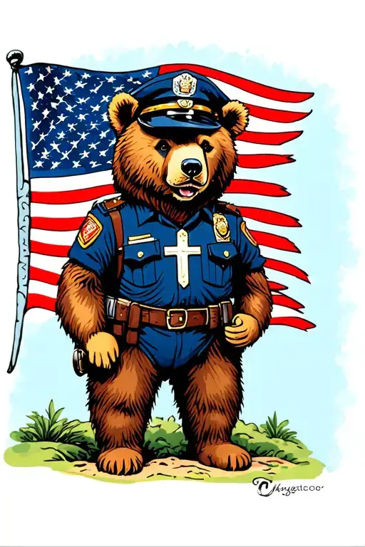 Cop Bear With American Flag And Cross