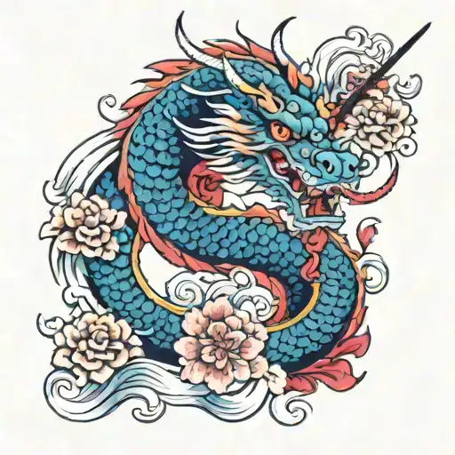 Japanese Dragon With Flowers And Katana