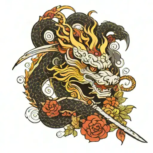 Japanese Dragon With Flowers And Katana