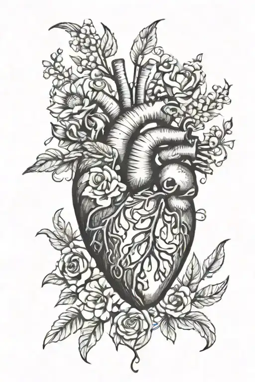 Anatomical Heart Surrounded By Big Flowers