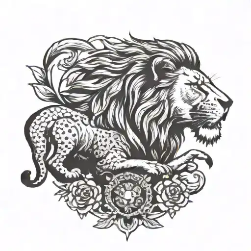 A Traditional Style Tattoo Of A Lion Proudly Watching Over A Pride Of Lionesses And Cubs