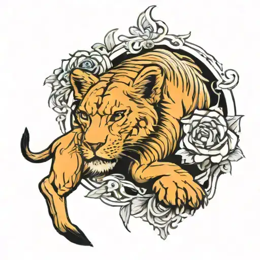 A Traditional Tattoo Of A Lioness Symbolizing Beauty And Strength With Her Newborn Cub By Her Side