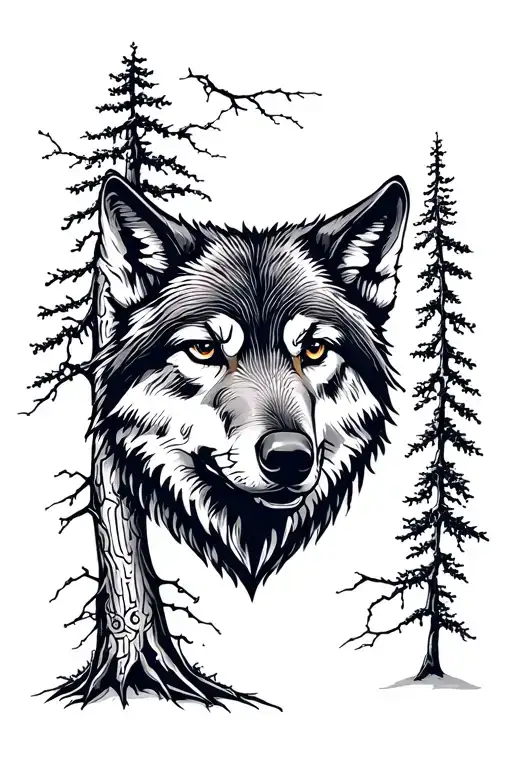 Wolf Head Looking Forward Tree Behind
