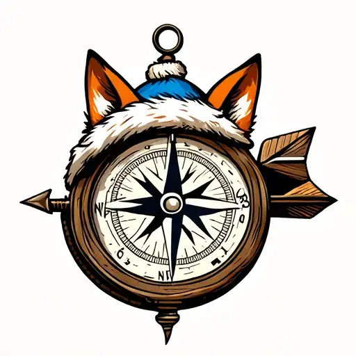 A Compass With Fox Ears Above His Woolly Hat And An Arrow Through It From Nurth-west To South-east