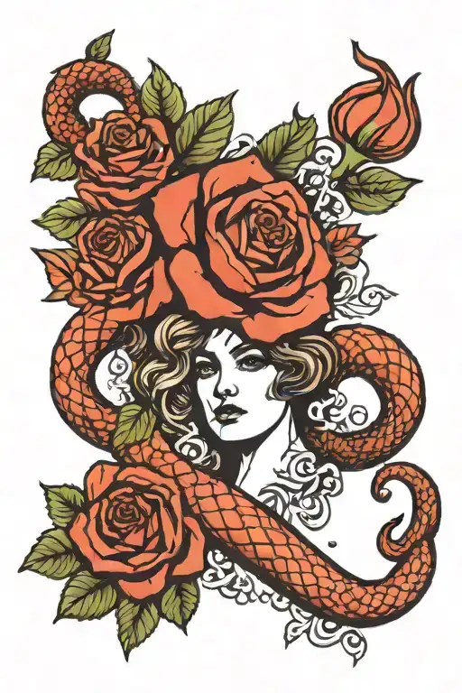 Greek Goddess Roses Leaves Snake Wrapped