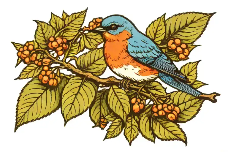 A Bluebird On A Laurel Leaf Branch Representing