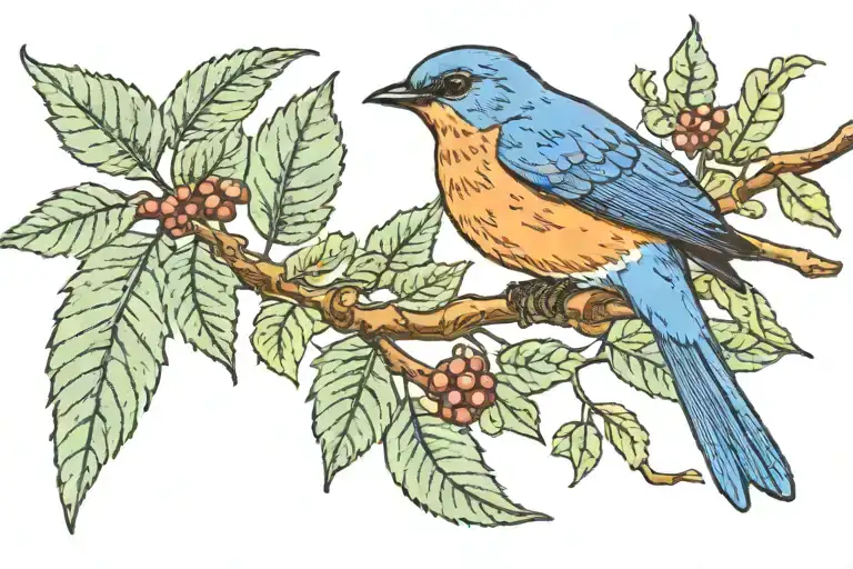 A Bluebird On A Laurel Leaf Branch Representing A Different Family