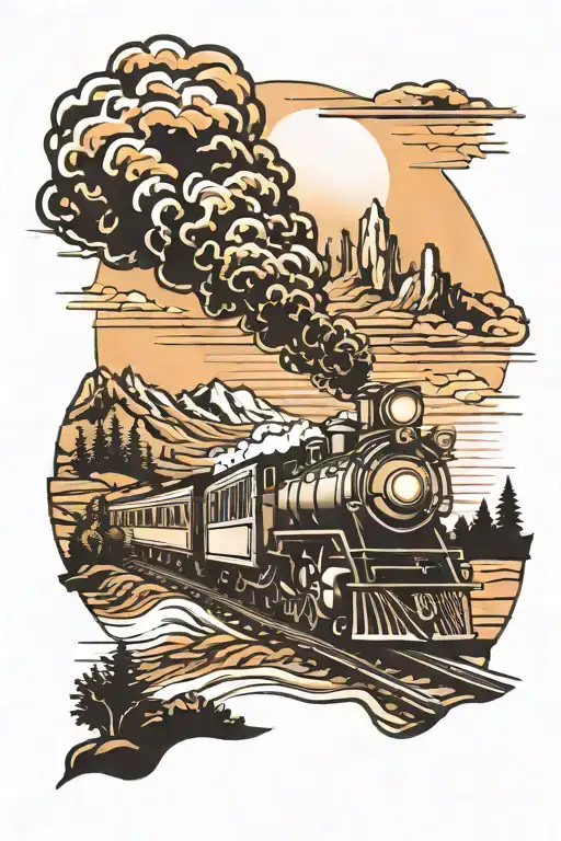 A Traditional Tattoo Of A Train Traveling Through A Scenic Landscape With A Sunset In The Background