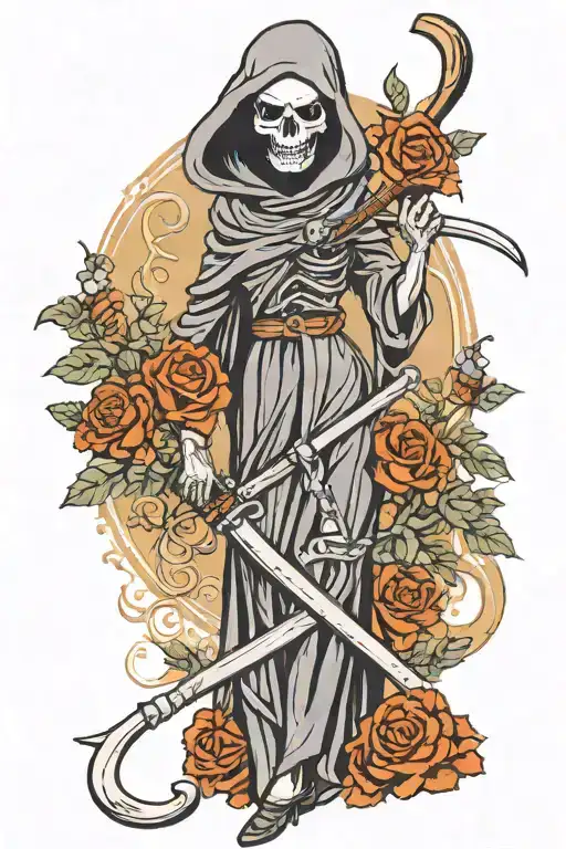Female Grim Reaper Holding Up A Girl And Scythe Girl With Innocent Looking