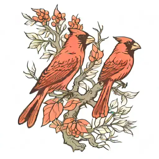Couple Of Birds Cardinals Sea Mountain Tree