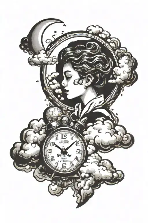 Clock With A Child Dreaming About Clouds Looking At The Moon