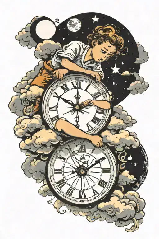 Clock With A Child Lying On Clouds Who Dreams While Looking At The Moon