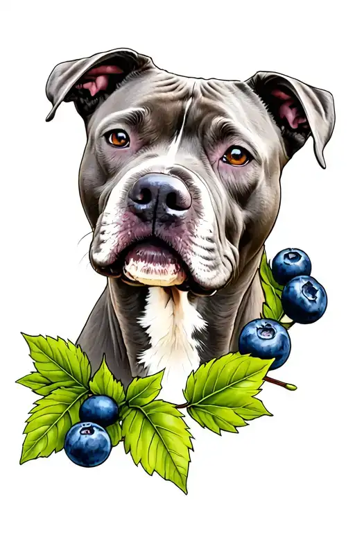 A Grey Pitbull Portrait Style Tattoo With Blueberries And Leaves Around