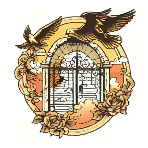 Heaven Gates With Sunset With Doves Flying