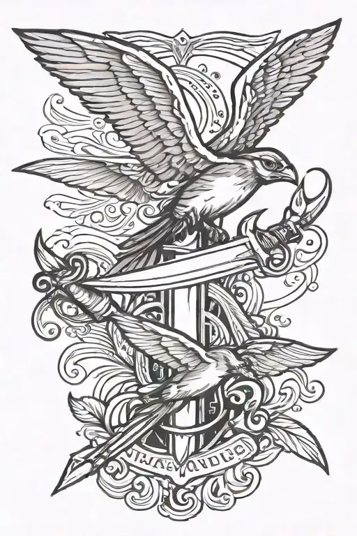 Winged Batings With Dagger Going Along The Top