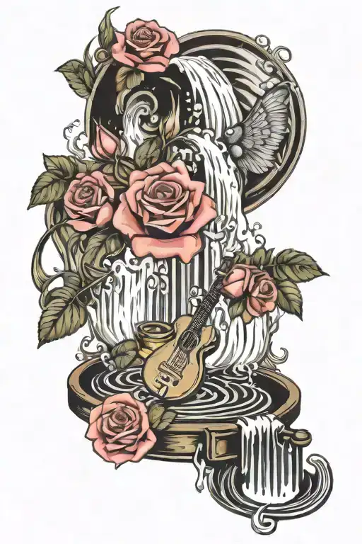A Surreal Tattoo Of A Rose Water Waterfall Surrounded By Traditional Music Instruments