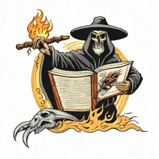 Reaper Holding Open Book Surrounded By Flames
