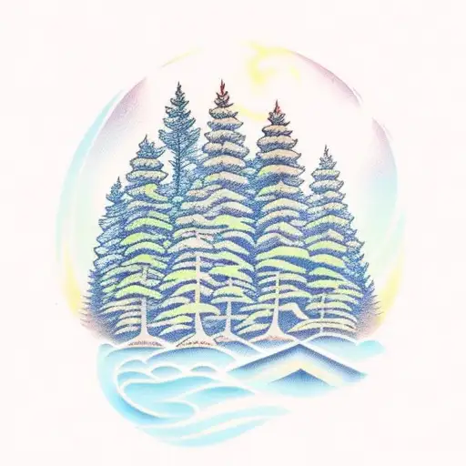 Pine Trees On The Side Of A River With A Waterfall