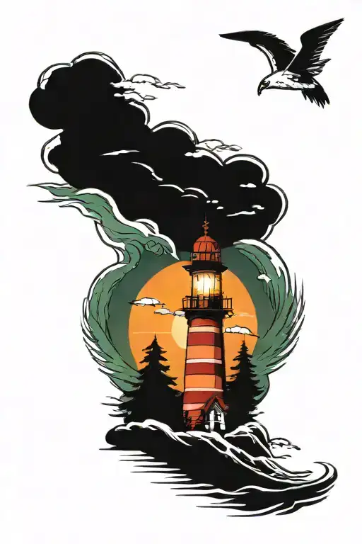 Light House Crashing Waves Evergreen Trees Background