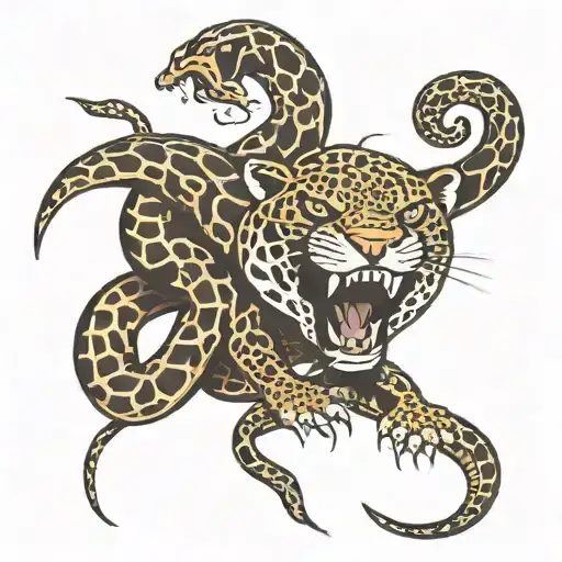Jaguar Fighting Snake Intertwined
