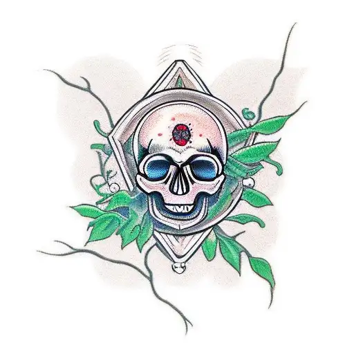 Skull With Hourglass Between Its Teeth And A Tree Of Life Rooting From The Above Of The Skull