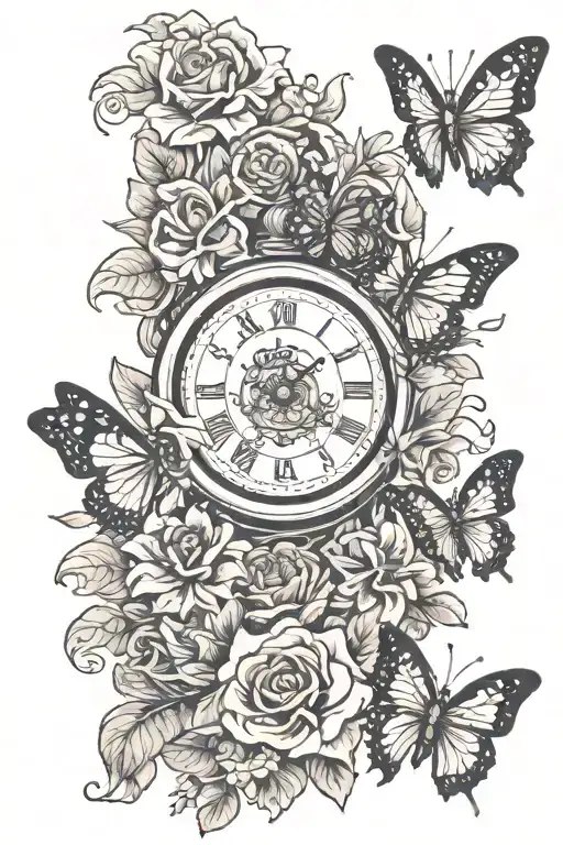 Flowers A Clock Surrounded Butterflies Fluttering