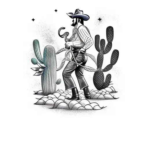 Traditional Style Tattoo Of A Cowboy Swinging A Lasso With Cacti In The Background
