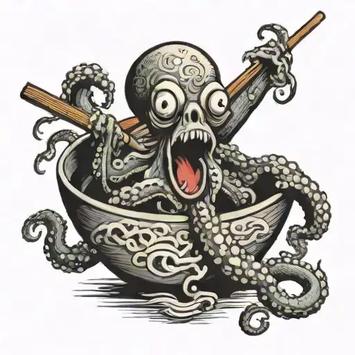 An Octopus In A Ramen Bol With Chop Stick And A Mad Face