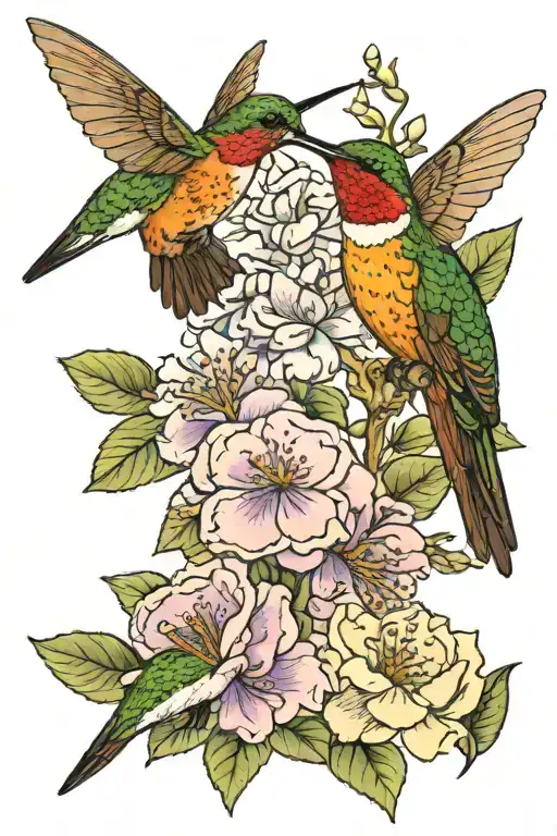 1 Hummingbird And 1 Bumblebee On Lilac And Peony Flowers