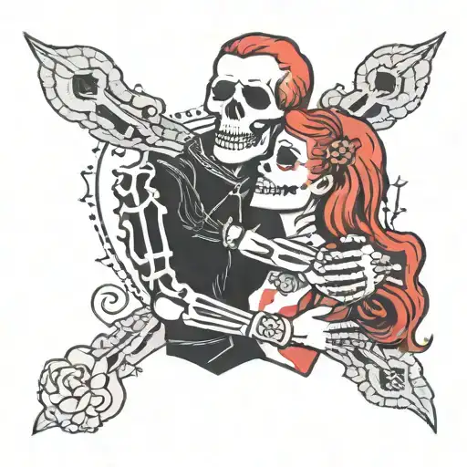 Girl With Red Hair Hugs Skeleton Guy