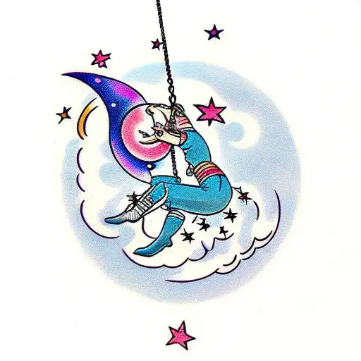 Girl Swinging From Moon In Space