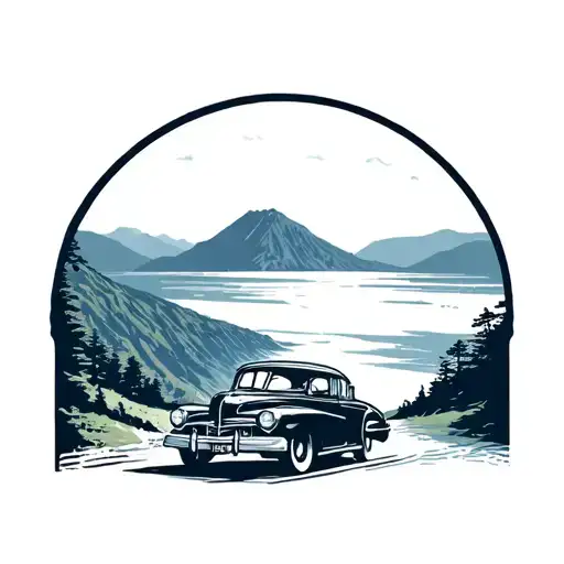 Vintage Car Driving Through A Mountain Tunnel With A Beach View