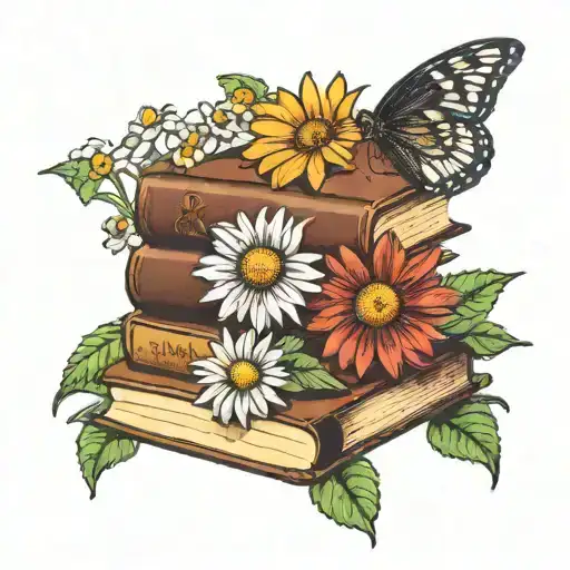Shasta Daisies And Black Eyed Susan Flower Blooming Out Of A Stack Of Old Books
