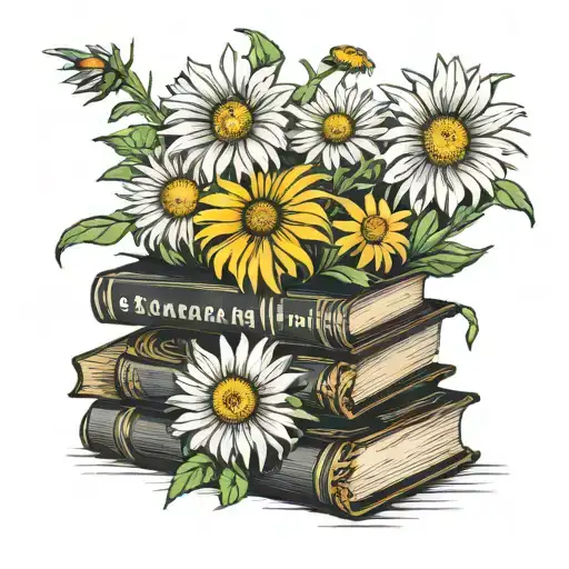 Shasta Daisies And Black Eyed Susan Flower Blooming Out Of A Stack Of Open Books