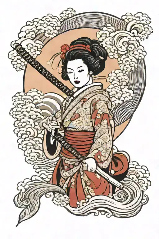 Realistic Portrait Geisha Holding A Katana With Waves In Background