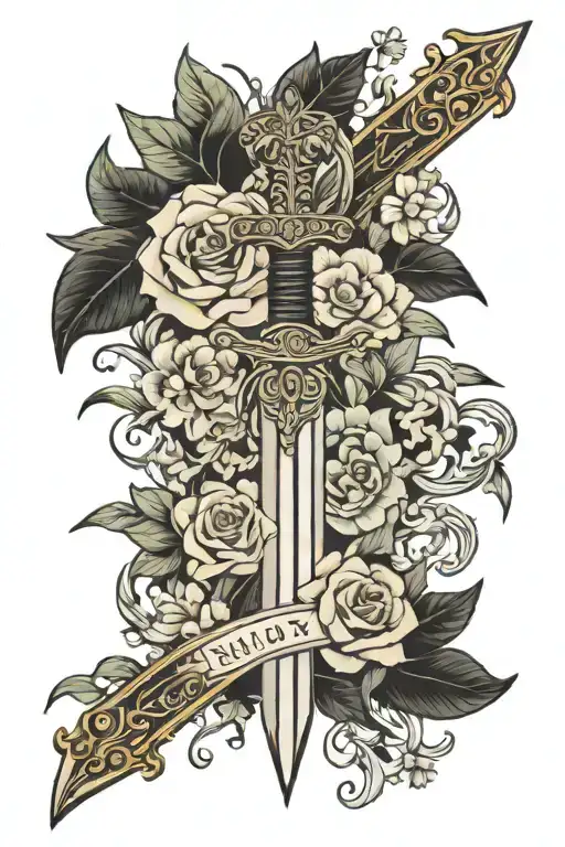 A Mystical Tattoo Featuring Nikoli And A Sword Intertwined With Flowers