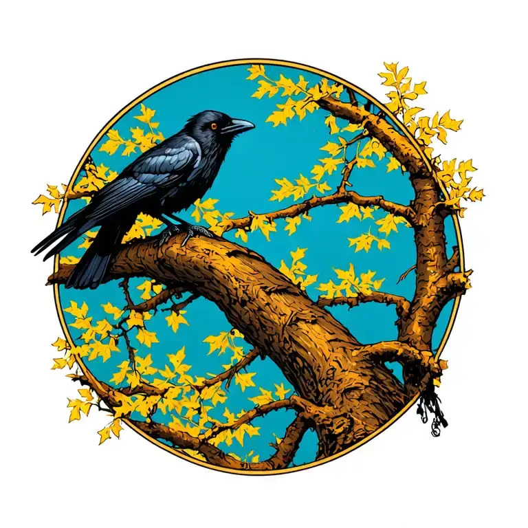 Witchy Crow Perched On Yellow Aspen Trees Looking Through Lens