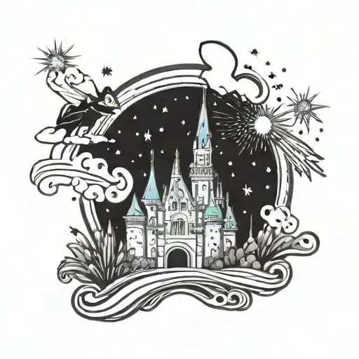 A Traditional Style Tattoo Of A Disney Castle With A Rainbow Bridge And Fireworks