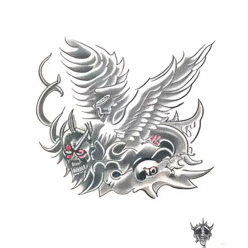 Demon And Angel Fly At Each Other