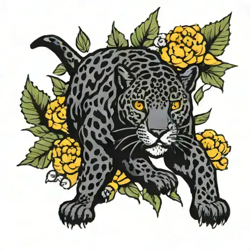 Black Walking Jaguar With Marigolds Flowers
