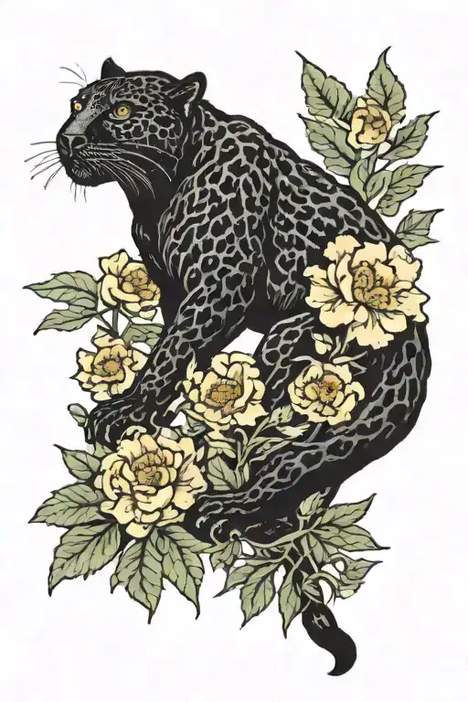 Prowling Black Jaguar With Marigold Flowers