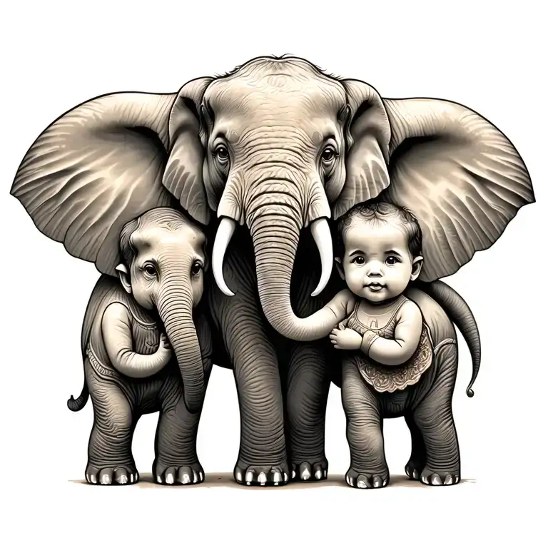 Elephant Family Holding Hands 3 Kids 2 Adult