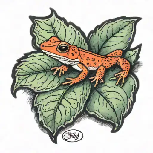Lifelike Red Eft On Top Of A Flat Greyrock Partially Covered With A Green Leaf