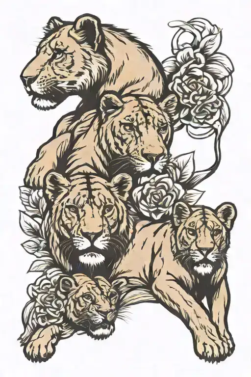 Female Lioness Protecting 3 Cubs