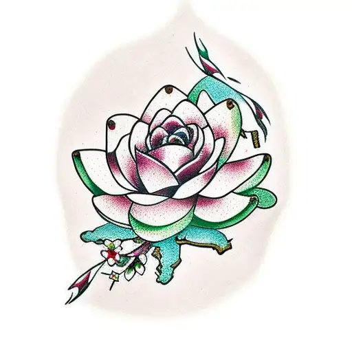 Cherry Blossom With Rose And Water Lily