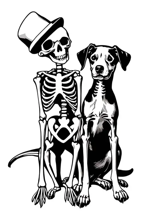 Skeleton And Dog Sitting Side By Side
