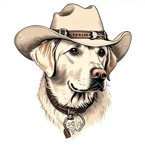 Older Golden Female Labrador With A Cowgirl Hat On And Collar And Western Theme